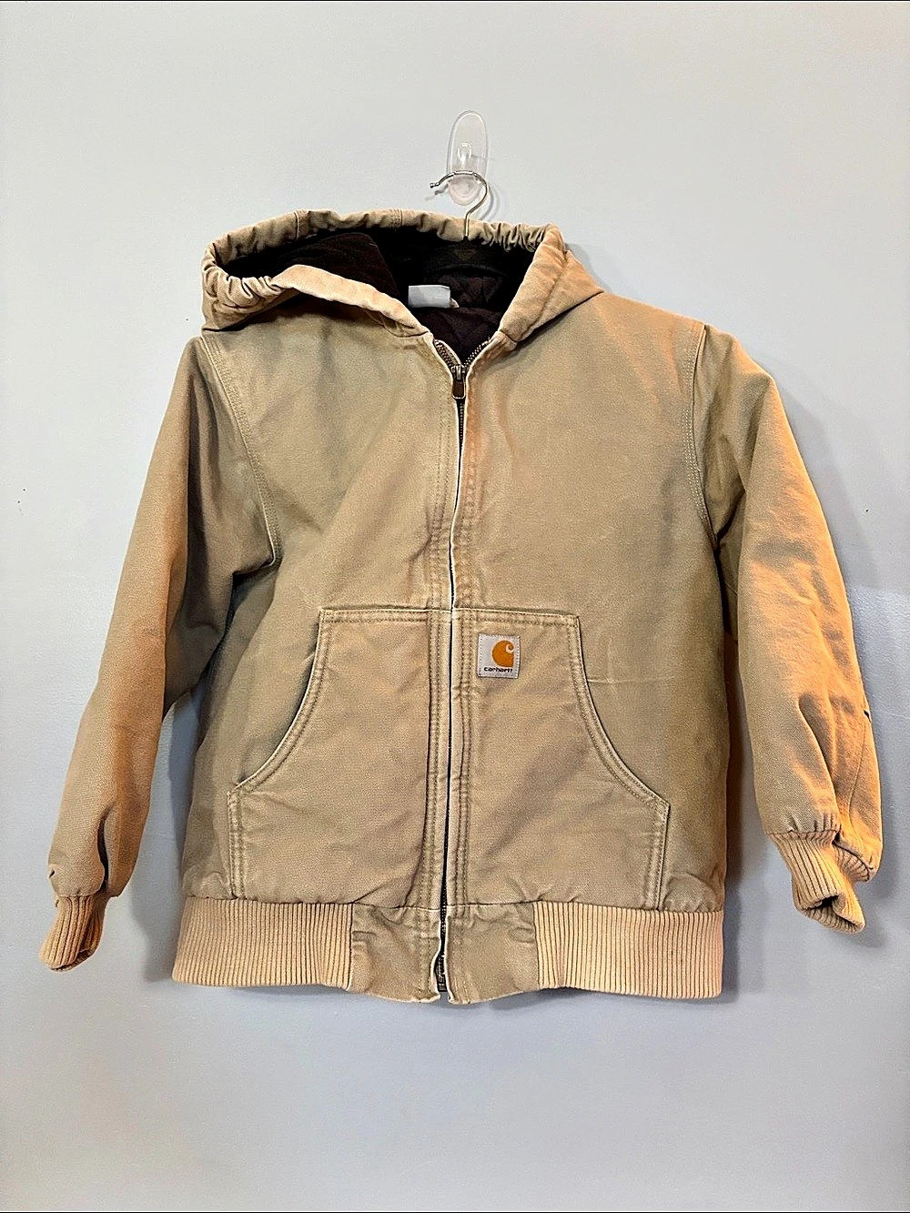 Carhartt Youth M 10-12 Tan Canvas Hooded Jacket Quilted Lined Full Zip